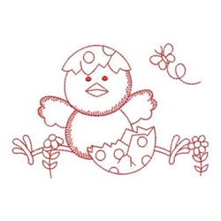 Redwork chick emerging from a cracked eggshell, surrounded by whimsical flowers for Easter.