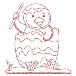 Redwork chick with a colorful hat emerging from an egg, holding a paintbrush, surrounded by grass for Easter.