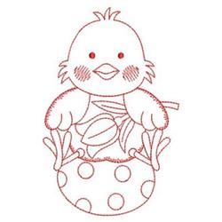 Redwork chick with rosy cheeks sits on a polka-dotted egg surrounded by leaves, capturing a playful spring vibe.
