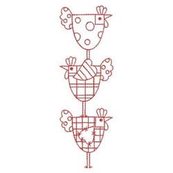 Redwork design featuring three playful chickens stacked, with polka dots, checkered patterns, and a cheerful style.