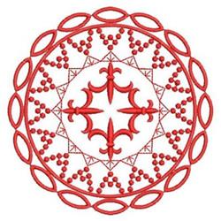 Redwork circular pattern with intricate geometric shapes in vibrant red thread on a white background.