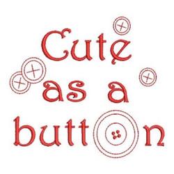 Redwork text design featuring 'Cute as a button' in bright red, surrounded by playful button illustrations.