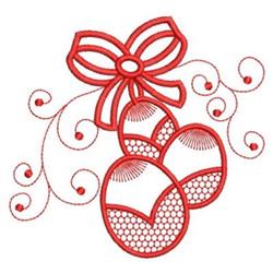 Redwork decorative eggs with a red bow, intricate mesh patterns, and playful swirling lines for Easter.