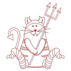 Redwork cat with devil horns and a curly tail, holding a trident in a whimsical Halloween theme.