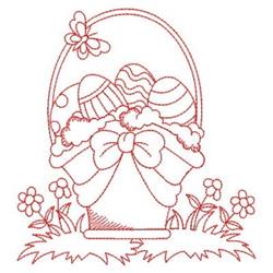 Redwork Easter basket overflowing with decorated eggs, featuring a bow, butterflies, and flowers, perfect for spring.