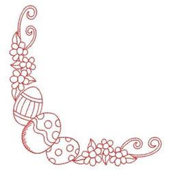 Redwork decorative border with elegant flowers and vibrant Easter eggs, featuring curved lines for a festive feel.