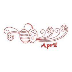 Redwork decorative Easter egg with red polka dots and whimsical swirls, captioned 'April' for spring celebrations.