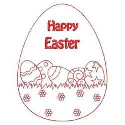 Redwork Easter egg featuring a vibrant red outline, colorful decorated eggs, and 'Happy Easter' text topped with flowers.