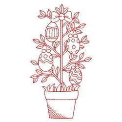 Redwork Easter egg tree with colorful eggs and vibrant leaves in a simple pot, perfect for spring celebrations.