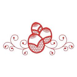 Redwork Easter eggs feature three red eggs with honeycomb texture and curvy swirls, perfect for festive décor.