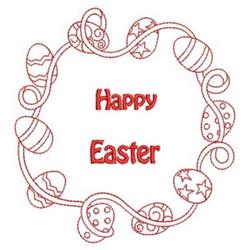 Redwork design featuring colorful Easter eggs in a playful circular layout with 'Happy Easter' text.