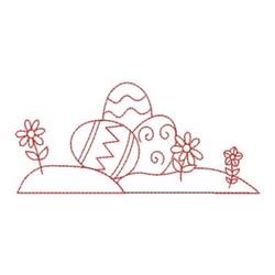 Redwork decorative Easter eggs with intricate patterns, set on a gentle hill alongside cheerful flowers.