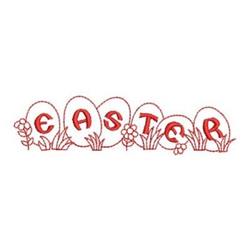 Redwork decorative Easter eggs with bold 'EASTER' letters, surrounded by flowers and grass in a playful style.