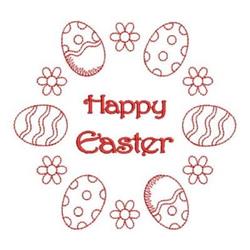Redwork Easter eggs arranged in a circular layout, surrounded by vibrant flowers and the text 'Happy Easter' in red.