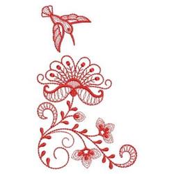 Redwork floral design featuring a small bird above a large red flower with intricate swirling vines.