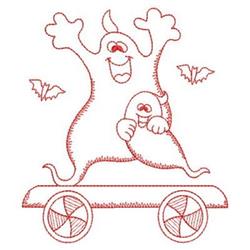 Redwork playful smiling ghost design with bats on a cart, perfect for festive Halloween decorations.