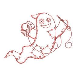 Redwork ghost character with button eyes holds a spool of red thread and needle, perfect for Halloween crafts.