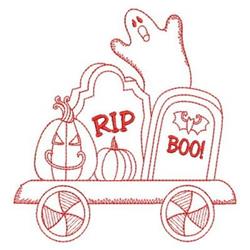 Redwork ghost playfully emerging from a tombstone with 'Boo!', flanked by grinning pumpkins and candy, perfect for Halloween.