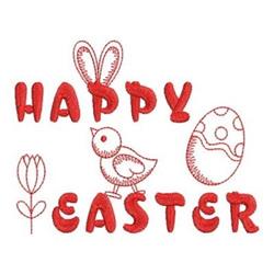 Redwork design featuring a playful chick, decorated Easter egg, vibrant tulip, and bunny ears with 'HAPPY EASTER' text.