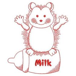 Redwork hedgehog with arms raised, cheerful face, sitting on a baby bottle with 'Milk' text.