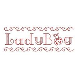 Redwork design featuring 'LadyBug' text, a playful ladybug illustration, and decorative swirly lines.