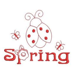 Redwork ladybug with bright red spots and antennae, surrounded by small butterflies and 'Spring' text.