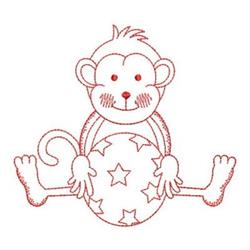 Redwork monkey with a smiling face, holding a star-patterned ball, outlined in red.