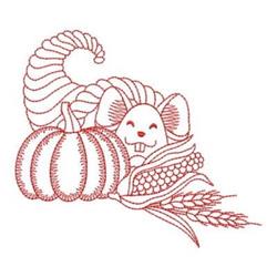 Redwork mouse nestled in a cornucopia filled with a pumpkin and corn, warm autumn colors.