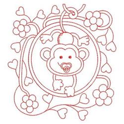 Redwork Pacifier Monkey - 4x4 heart redwork embroidery design for Holiday Cards