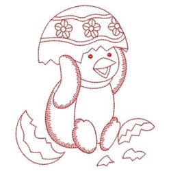 Redwork penguin wearing a floral hat, playfully sitting among cracked eggshells, perfect for Easter.