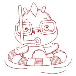 Redwork cute cartoon creature with round goggles lounging in a bright red float, perfect for summer fun.