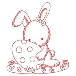 Redwork rabbit with a bow beside a polka-dotted Easter egg and colorful flowers for a whimsical Easter theme.
