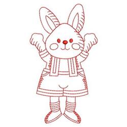 Redwork rabbit with rosy cheeks in overalls, cheerful pose for Easter celebrations.