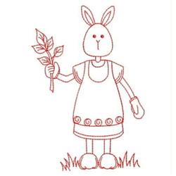 Redwork rabbit character in a patterned dress holds leaves on grass, celebrating Easter with a playful design.