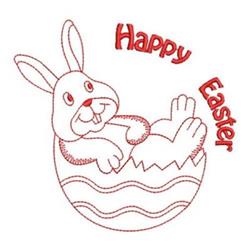 Redwork cartoon rabbit lounging in a decorative Easter egg with a cheerful expression and 'Happy Easter' text.
