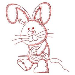Redwork rabbit holding a button and sewing with red thread, cheerful expression, playful stance for Easter.