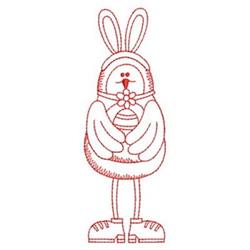 Redwork rabbit with large ears joyfully holding a flower, whimsical and playful Easter design.
