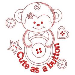 Redwork smiling monkey holding a large button, surrounded by playful stars and hearts with text 'Cute as a button.'