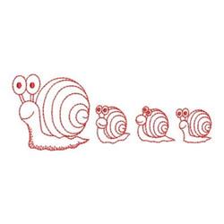 Redwork snail trio with spiral shells and expressive eyes, outlined in red, showcases a whimsical design.