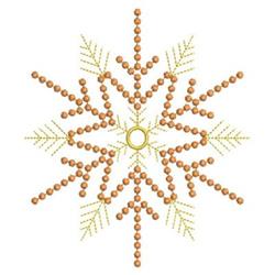 Redwork snowflake adorned with gold beads and green accents, featuring an ornate symmetrical design for winter.
