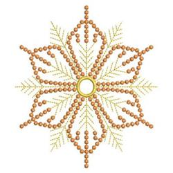 Redwork snowflake with a circular center, intricate beaded design and green accents, perfect for winter decor.