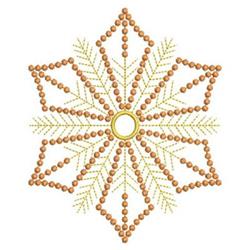 Redwork snowflake design featuring brown beads, green branches, and a golden center, perfect for winter décor.
