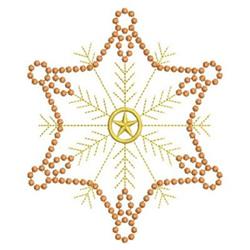 Redwork snowflake design with warm copper circular beads, leafy details, and a central gold star for winter elegance.