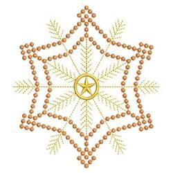 Redwork snowflake adorned with copper beads, central gold star, and green pine branches, perfect for winter decor.