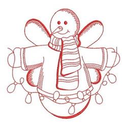 Redwork snowman wearing a striped scarf with buttons, surrounded by colorful holiday lights, perfect for winter.