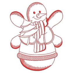 Redwork snowman with a cheerful face, striped scarf, and stick arms, perfect for winter decor.