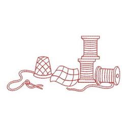 Redwork spools of thread outlined in red, accompanied by a needle and fabric in simple line art style.