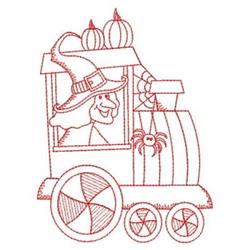 Redwork witch driving a whimsical train, adorned with pumpkins and a playful spider, perfect for Halloween.