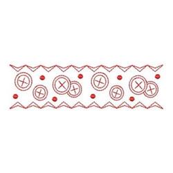 Redwork decorative border design with red stitched buttons and zigzag edges on a white background.