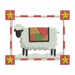 Playful sheep with a colorful patchwork blanket, framed by star-bordered stripes in a whimsical cartoon style.